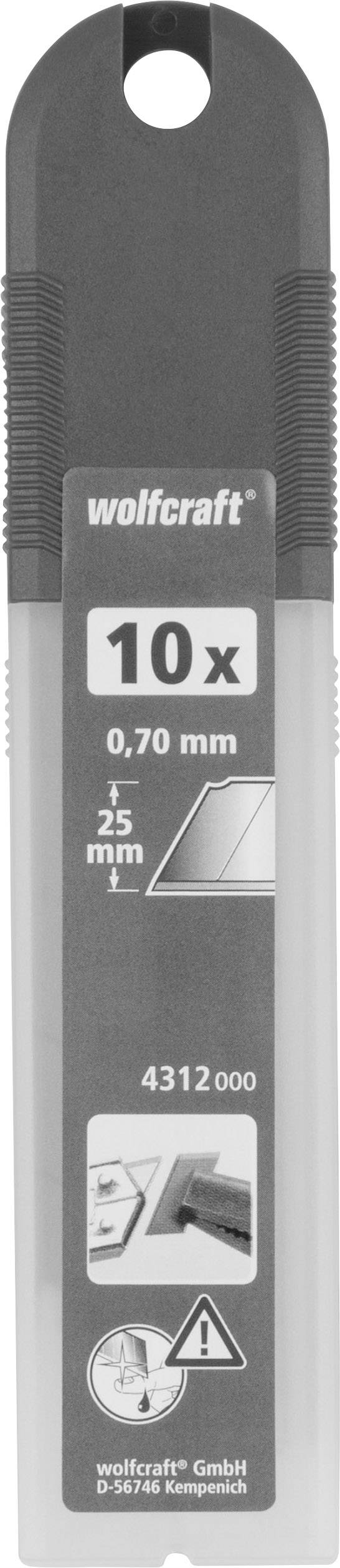 Packung mit 10 Ersatzklingen von 0,70 mm Stärke, geeignet für Cutter. Abbildung von Klingen und Sicherheitshinweis auf Etikett.