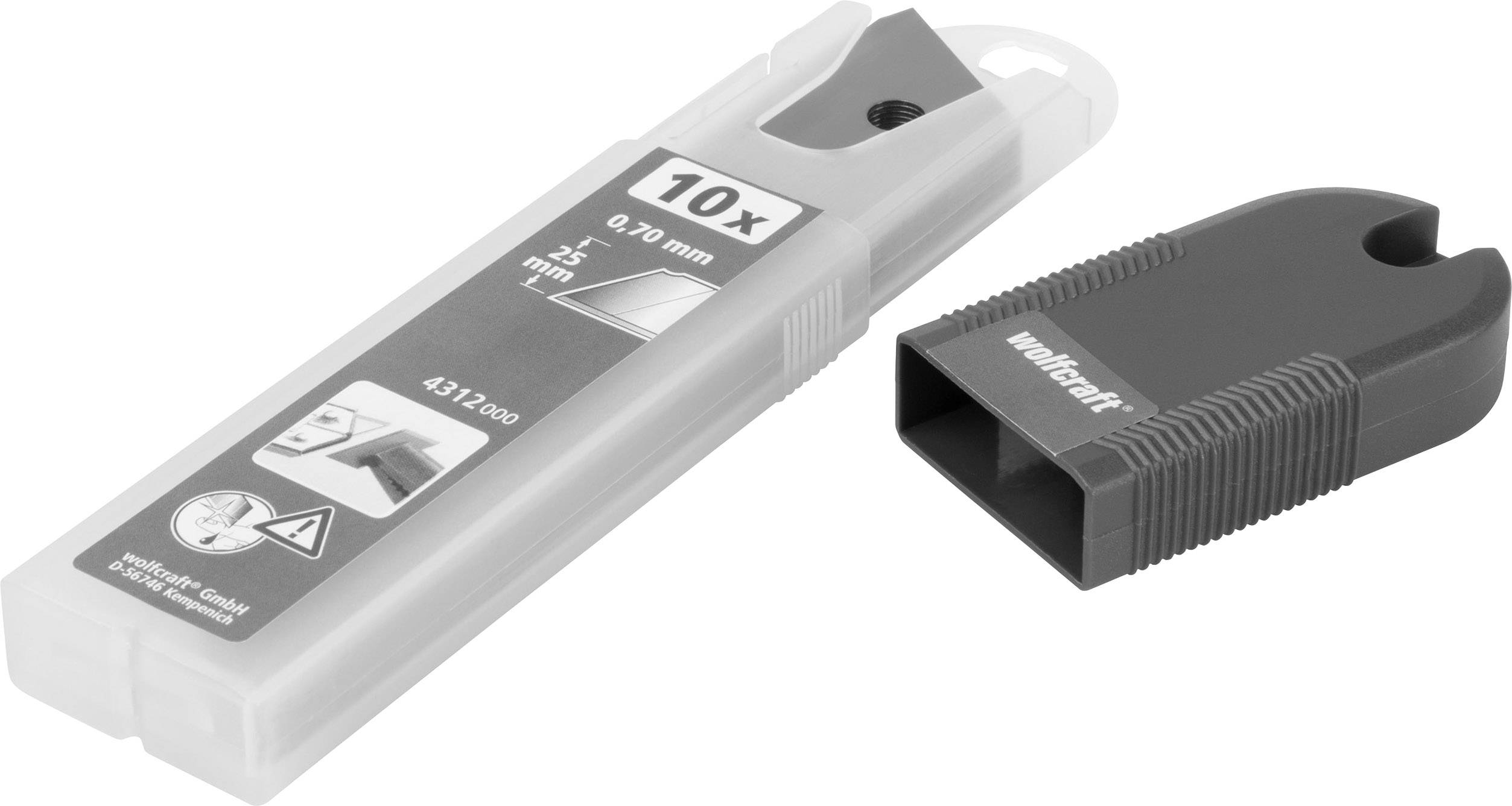 Graues Ersatzklingen-Set mit 10 Klingen und Klingenhalter. Abmessungen: 0,70 mm Dicke, 25 mm Höhe. Für Handwerksarbeiten geeignet.