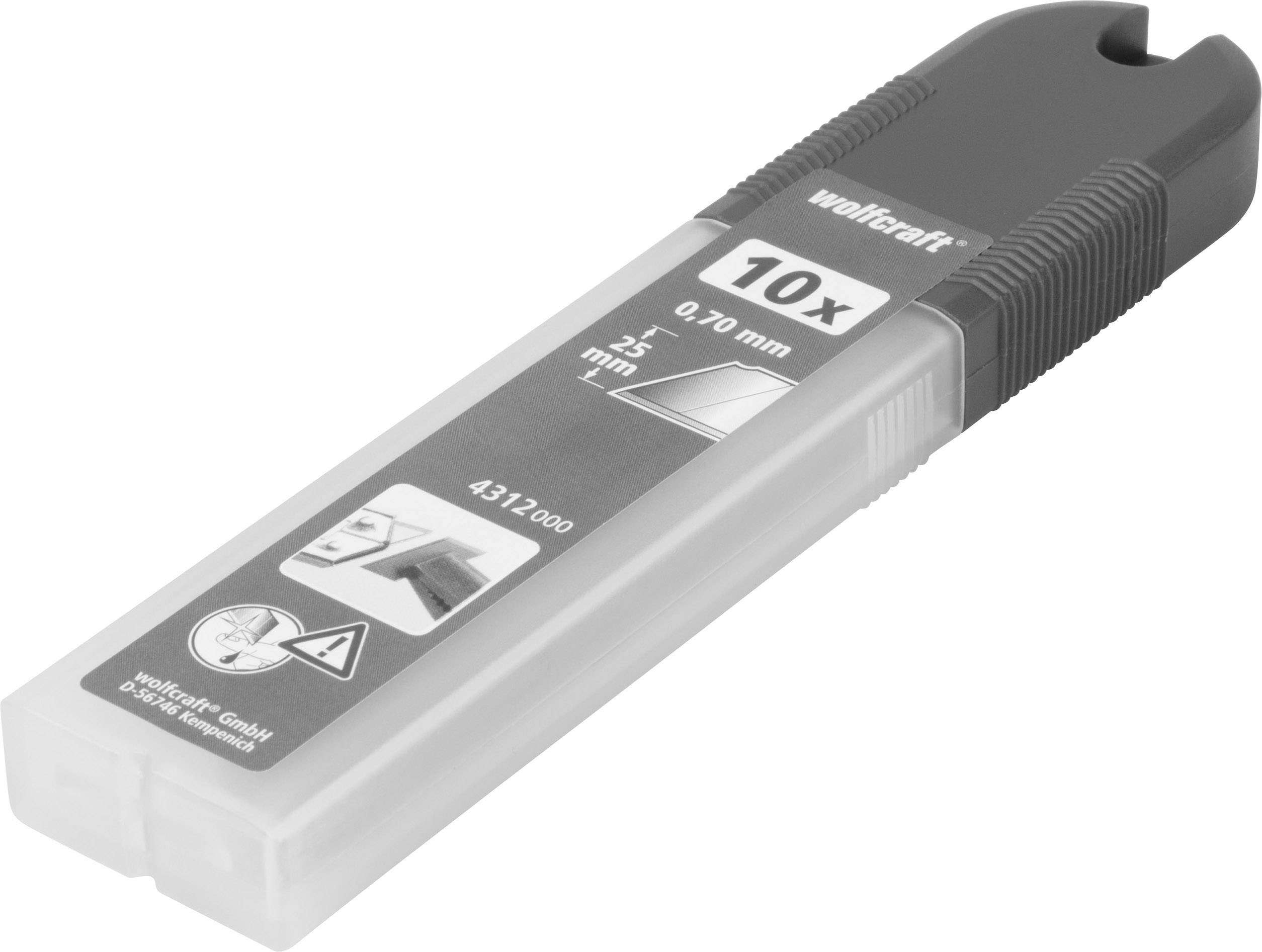 Grauer Etui mit 10 Ersatzklingen, 0,70 mm dick, 25 mm breit. Verpackung mit Warnsymbolen und Produktdetails.