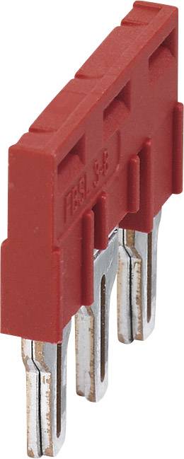 Ein roter Jumper mit drei Metallpins, verwendet zum Setzen von Verbindungen auf Leiterplatten in Computern und elektronischen Geräten.