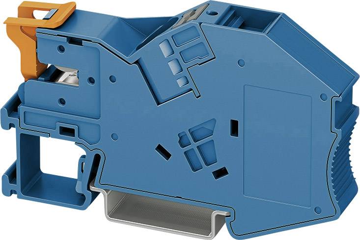Ein blaues elektronisches Bauteil, vermutlich ein Klemmenblock, mit mehreren Anschlusspunkten und einem orangefarbenen Hebel.