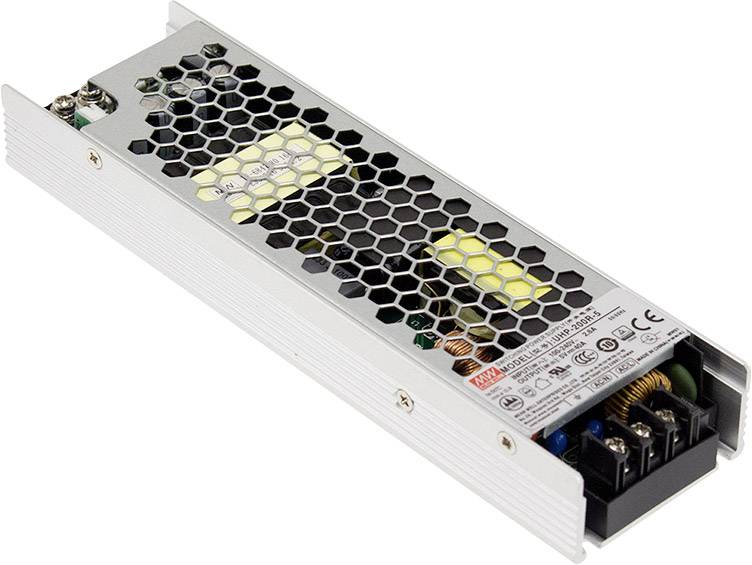 Schmales Netzteil mit Wabenbelüftung, technische Spezifikationen und Sicherheitszeichen auf der Oberseite. Geeignet für elektronische Anwendungen.