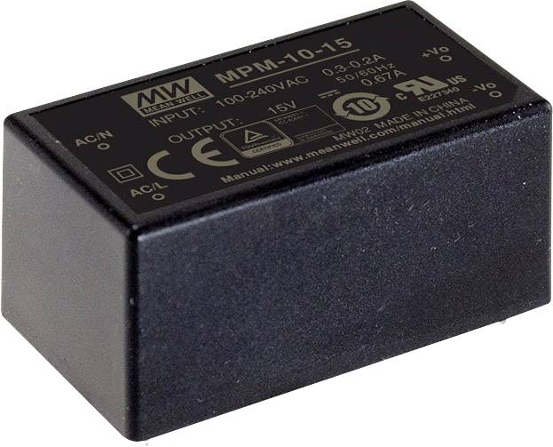 Schwarzes Netzteil-Modul von MW Modell 'MPM-10-15', Eingang 100-240V AC, Ausgang 15V. Enthält CE- und UL-Zertifizierungszeichen.