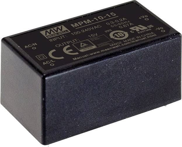 Ein schwarzes elektronisches Modul mit Aufschrift 'MW MPM-10-15', zeigt Eingangs- und Ausgangsspezifikationen, Zertifizierungskennzeichen.