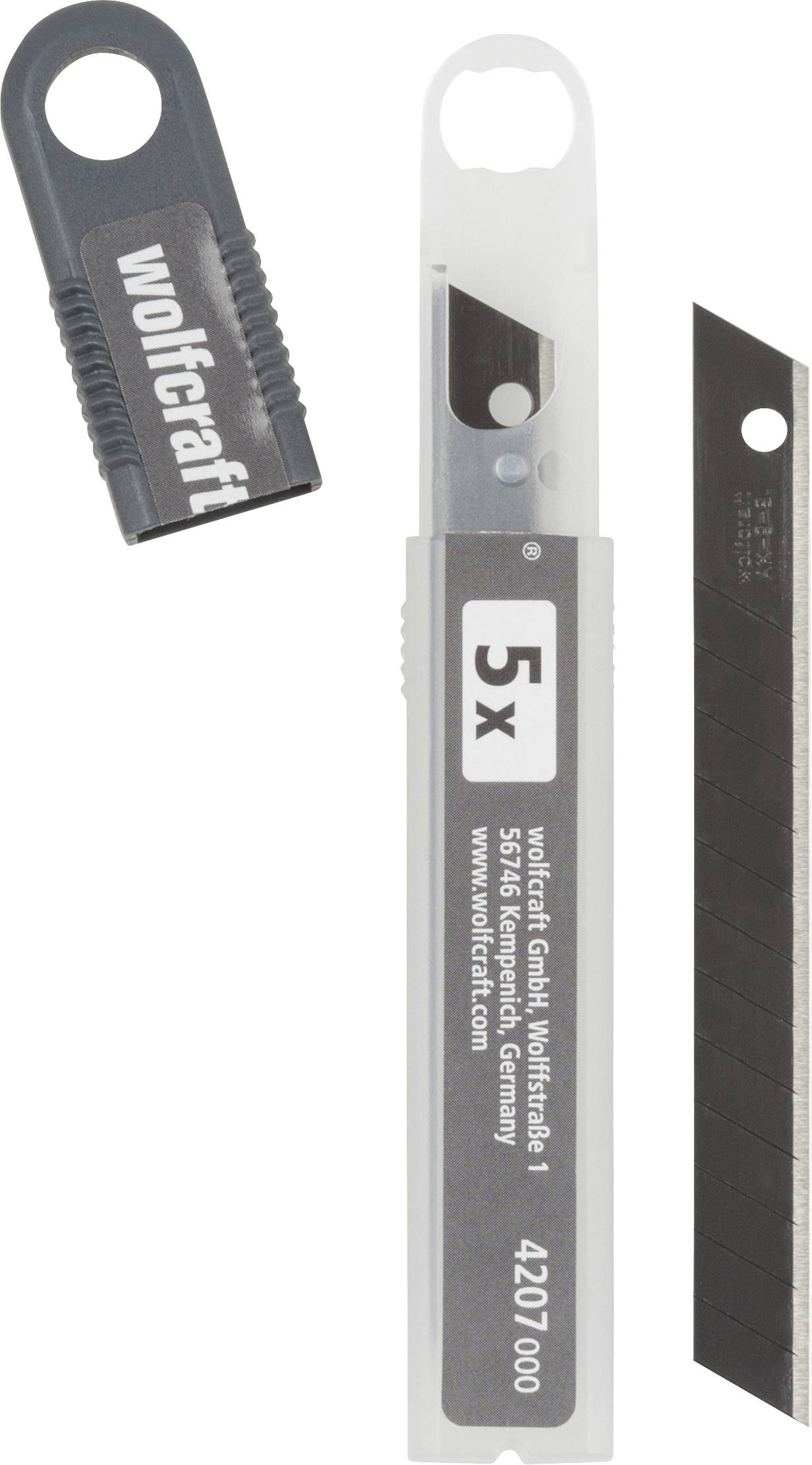 Klingenspiel mit rechteckiger Plastikverpackung, fünf Ersatzklingen für Cuttermesser, graues Design mit 'wolfcraft' Logo und Kontaktangaben.