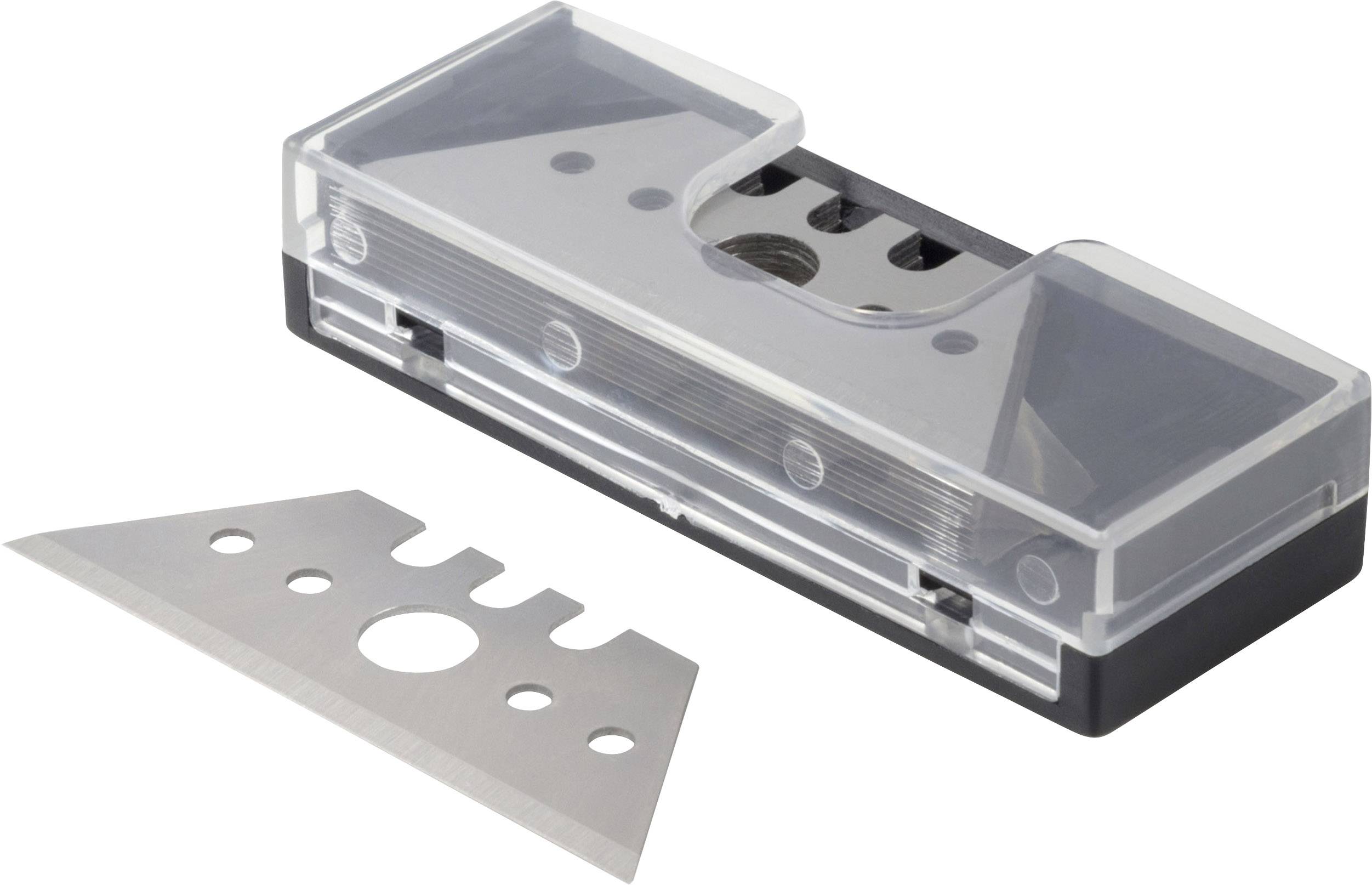 Ein auswechselbares Trapezklingen-Set mit Schutzgehäuse und einer separaten Klinge, häufig für Cutter oder Messer verwendet.