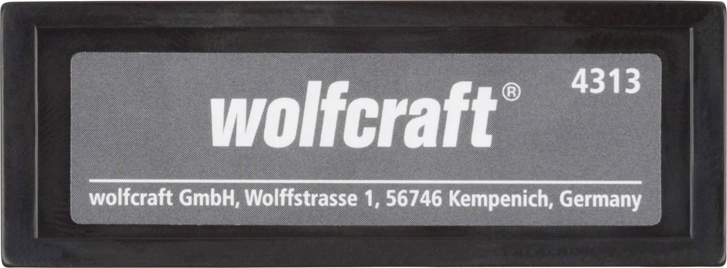 Schwarzer Kunststoffrahmen mit weißem Text: 'wolfcraft GmbH, Wolffstrasse 1, 56746 Kempenich, Germany', Artikelnummer 4313.