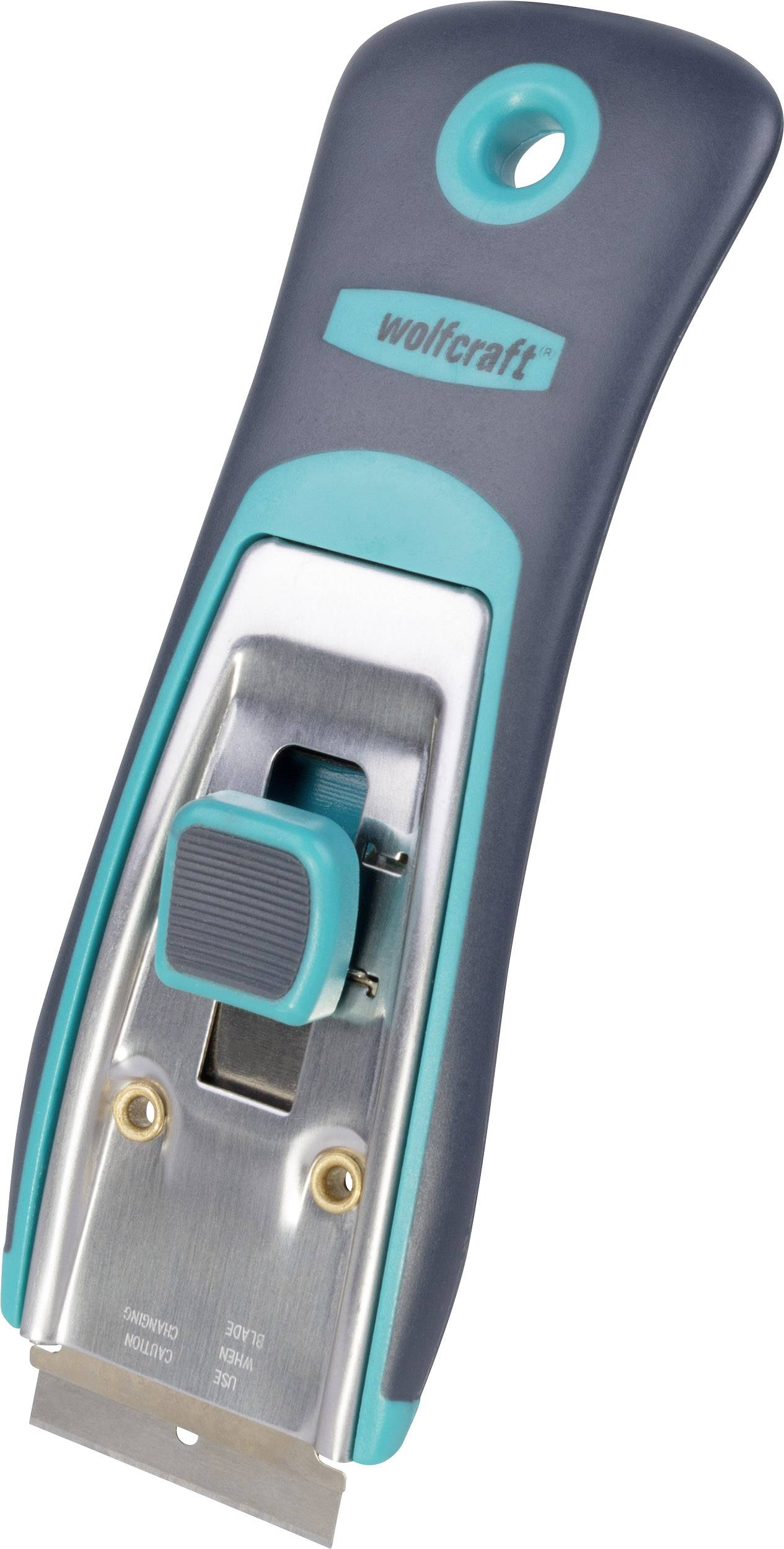 Ein grauer und türkisfarbener Farbschaber mit scharfem Metallblatt und rutschfestem Griff. Geeignet zum Entfernen von Farb- und Kleberesten.