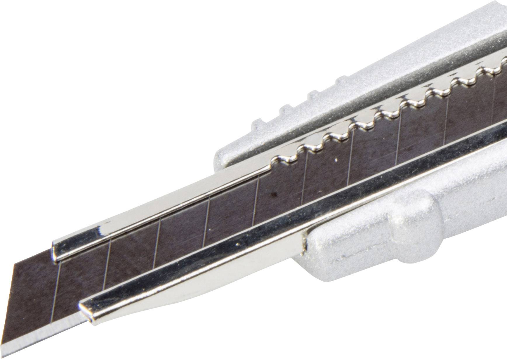 Ein silbernes Universalmesser mit einziehbarer Klinge, geeignet zum Schneiden von Papier oder Karton.