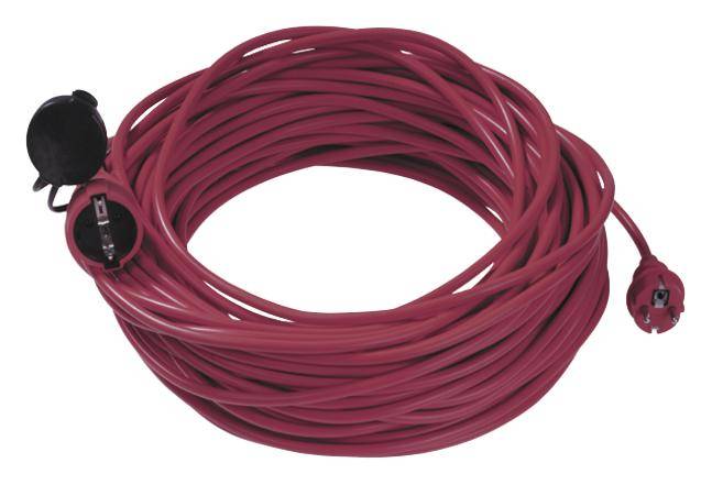 Ein rosafarbenes Verlängerungskabel ist aufgerollt. An einem Ende befindet sich ein Stecker und am anderen eine Steckdosenleiste mit Klappe.