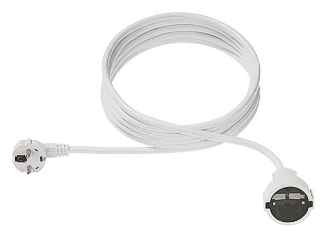 Weißes Verlängerungskabel mit Stecker und Buchse, aufgerollt, zur Stromversorgung von elektrischen Geräten.