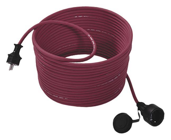 Rolle eines roten Verlängerungskabels mit europäischem Stecker und Buchse, geeignet für den Außenbereich.