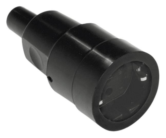 Schwarzer Adapter mit zylindrischem Stecker, geeignet für Elektronik- oder Haushaltsgeräteanschlüsse.