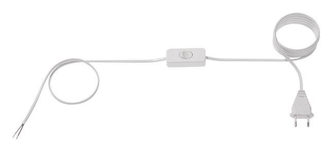 Ein weißes, spiralförmiges Kabel mit einem Schalter in der Mitte und einem Stecker am rechten Ende. Links zwei freiliegende Drahtenden.