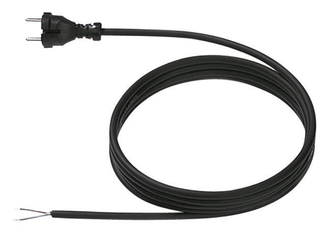 Ein schwarzes Netzkabel mit einem europäischen Stecker auf der einen Seite und offenen Enden zur Verkabelung auf der anderen Seite.