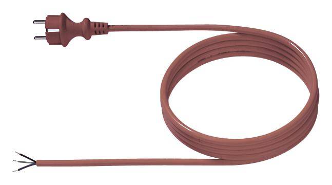 Rotes Stromkabel mit Stecker auf einer Seite und offenen Enden auf der anderen.