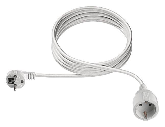 Weißes Verlängerungskabel mit Stecker und Steckdose, geeignet für den Anschluss elektrischer Geräte an eine entfernte Stromquelle.