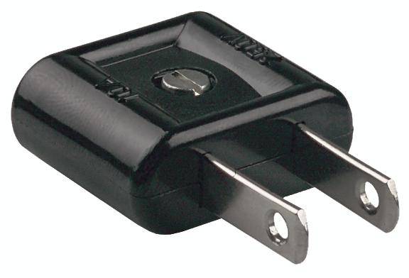 Schwarzer US-Steckeradapter mit zwei Metallstiften, geeignet zum Anschluss von elektronischen Geräten an eine Steckdose.