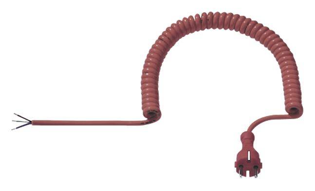 Ein rot spiralförmig gewickeltes Telefonkabel mit offenem Ende und Stecker, das auf eine weiße Fläche gelegt ist.