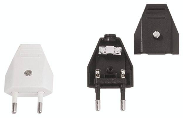 Weiße und schwarze zweipolige Steckadapter, einer geöffnet, um interne Metallkomponenten zu zeigen.