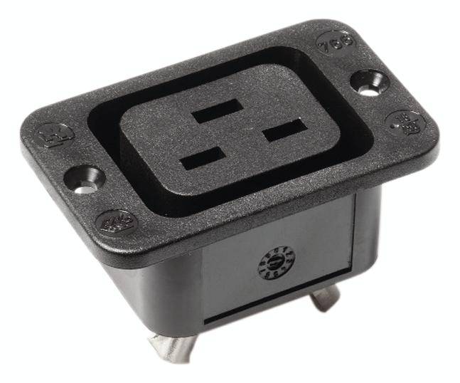 IEC-Netzstecker C14, dreipolig, rechteckig, schwarz, mit Einsteckverbindung, häufig zur Stromversorgung elektronischer Geräte verwendet.