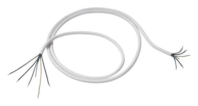 Ein weißes, mehradriges Kabel, dessen Enden abisoliert sind, zeigt mehrere schwarze Drähte mit freiliegenden Kupferspitzen.