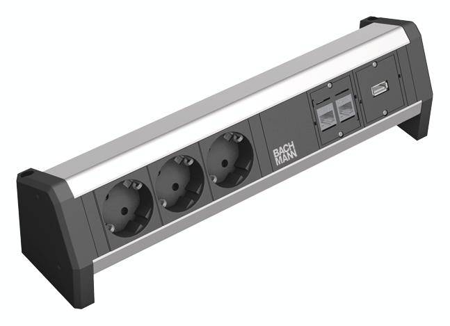 Eine Steckdosenleiste mit drei Schuko-Steckdosen, zwei Netzwerkanschlüssen und einem USB-Anschluss, geeignet für den Schreibtisch.