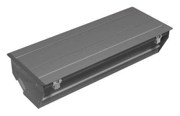 Graues, rechteckiges Metallobjekt, möglicherweise ein Gehäuse oder ein Bauteil, mit klaren Kanten und einem glatten, strukturierten Design.