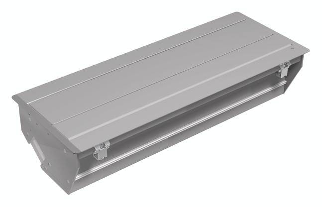 Ein graues Metallgehäuse aus robustem Material, rechteckig und flach, mit Verschlüssen an den Seiten.