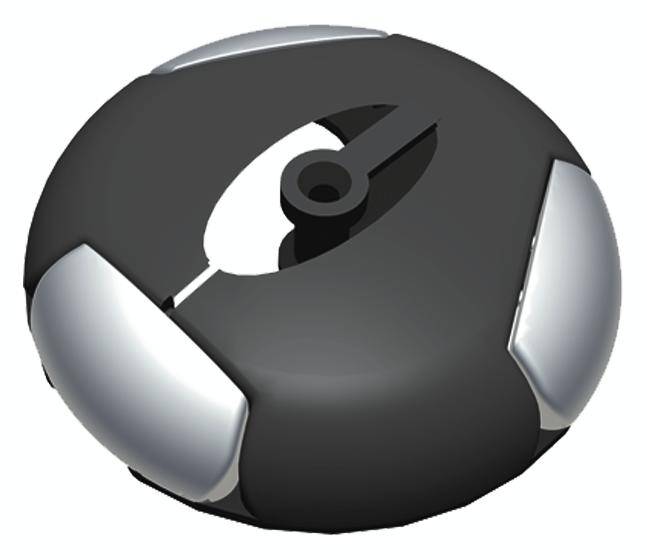Schwarzes rundes Objekt mit drei silbernen Klammern an den Seiten und einer zentralen Öffnung.