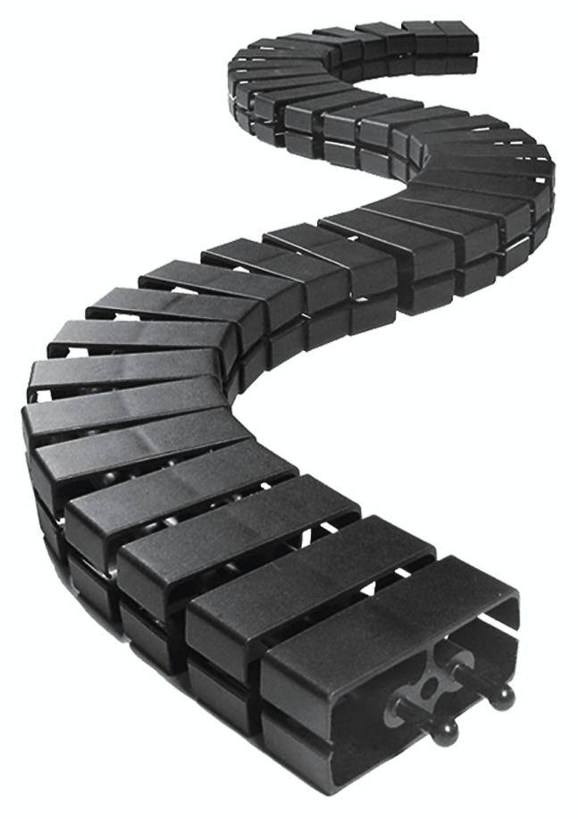 Eine schwarze Energiekette in Schlangenform, flexibel und für den Schutz von Kabeln in mechanischen Anwendungen geeignet.