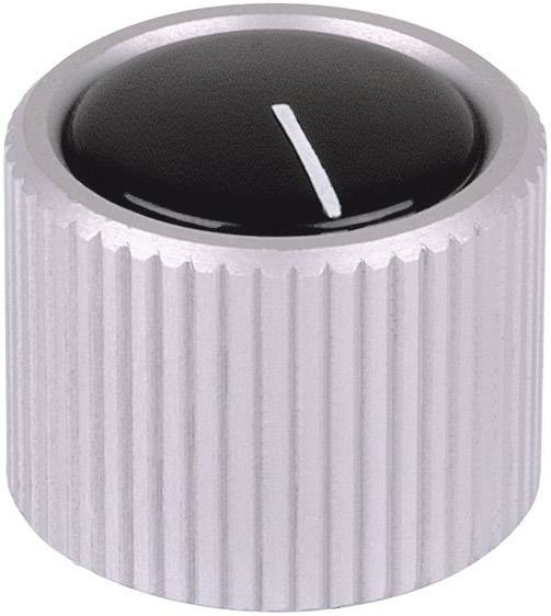 Ein geriffelter Drehknopf mit glatter Oberseite und einer weißen Markierungslinie, vermutlich für die Steuerung von elektronischen Geräten.
