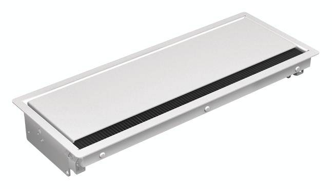 Schlanker, rechteckiger Lüftungsschlitz in weiß mit einem schwarzen Gitter in der Mitte. Geeignet für Belüftung oder Heizungssysteme.