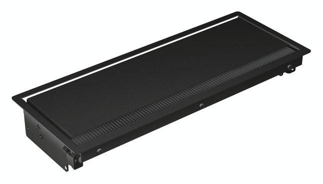Schwarzer rechteckiger Metallkasten mit Lüftungsschlitzen, möglicherweise Teil eines elektronischen Gerätegehäuses.