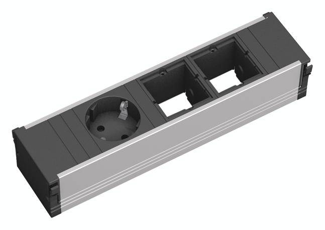 Schwarzes und silbernes Steckdosenelement mit einer Steckdose und zwei zusätzlichen Modulplätzen für den Einbau in Möbel.