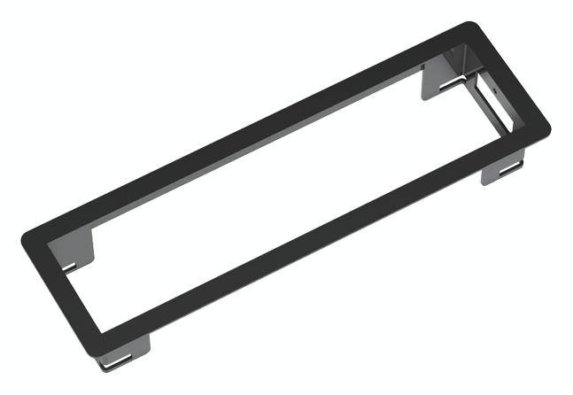 Rechteckiger Metallrahmen, perspektivisch von oben gezeigt, mit abgerundeten Ecken und drei Befestigungselementen an den längeren Seiten.