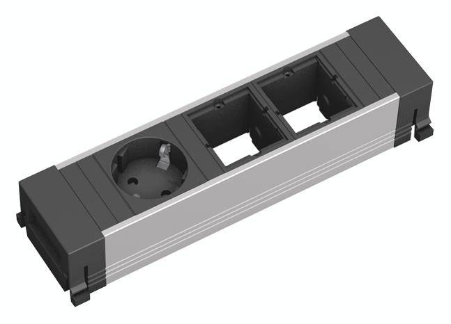 Steckdosenleiste mit einer Steckdose und zwei leeren Modulplätzen, rechteckige Form, schwarz-silbernes Design.