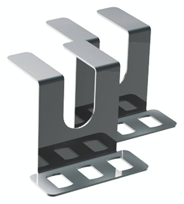 Zwei metallische Halterungen mit U-förmigem Design und rechteckigen Basisplatten, die zum Anbringen an Oberflächen geeignet sind.