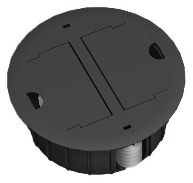 Runder schwarzer Bodenbehälter mit klappbarem Deckel und Kabelauslass, geeignet für elektrische Installationen in Fußböden.