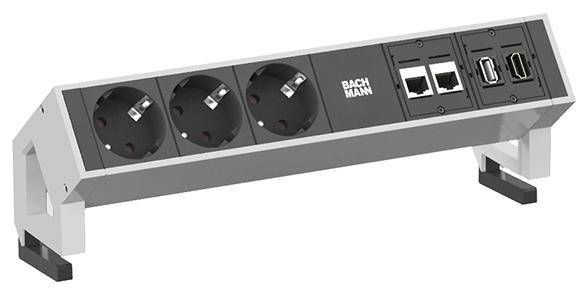 Dreifach-Steckdosenleiste mit zwei USB-Anschlüssen und zwei Netzwerkports, eignet sich zur gleichzeitigen Stromversorgung und Datenverbindung.
