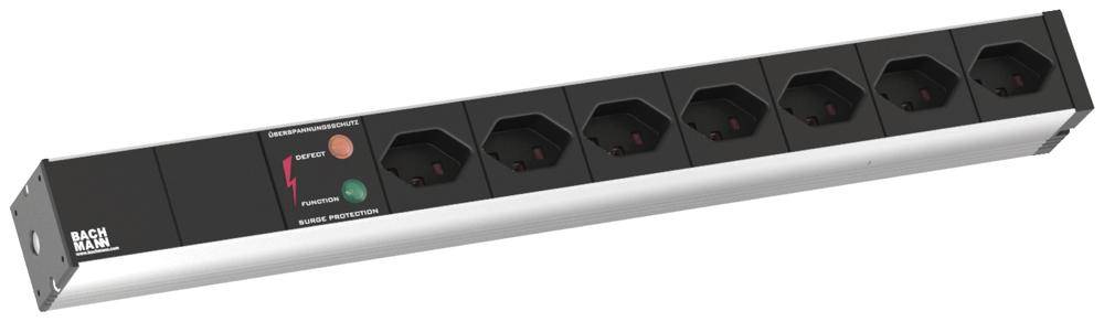 'Rack Switch' Steckdosenleiste mit sieben Schuko-Steckdosen, zwei Kontrollleuchten und integriertem Überspannungsschutz. Geeignet für Racks.