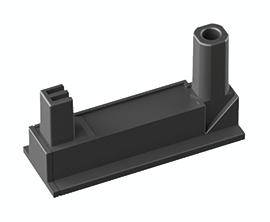 Ein schwarzes Kunststoffteil mit einer rechteckigen Basis und zwei unterschiedlich hohen zylindrischen Erhebungen.