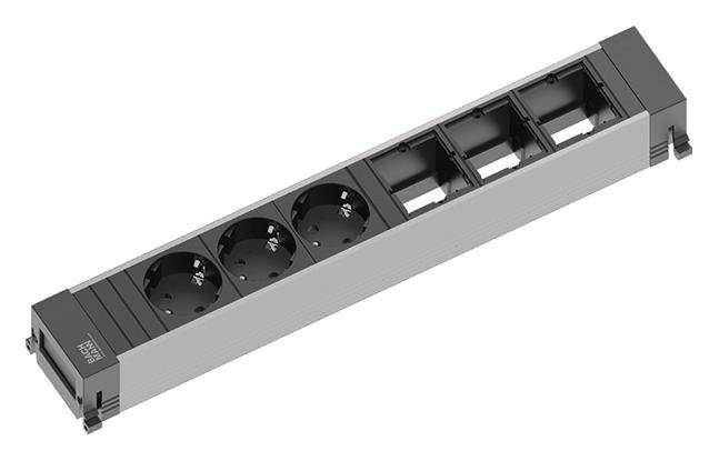 Steckdosenleiste mit zwei Schuko-Steckdosen und vier leeren Modulfächern, geeignet für modulare Elektroinstallationen.