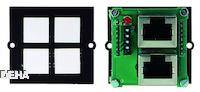 Eine grüne Elektronikplatine mit zwei Ethernet-Ports. Links ein schwarzer, rechteckiger Rahmen mit vier quadratischen Ausschnitten.