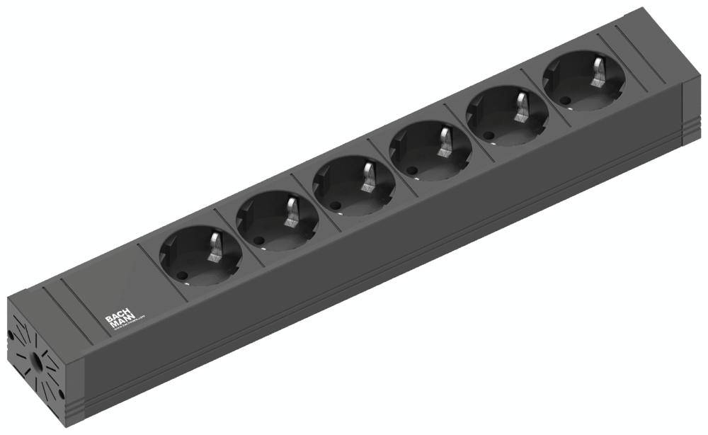Schwarze Mehrfachsteckdose mit sechs Schuko-Steckplätzen für elektrische Geräte. Ideal für den Einsatz in Haushalten und Büros.