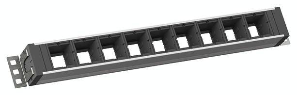 Ein rechteckiges Netzwerk-Patchpanel mit acht leeren Ports, konzipiert zur Montage in einem Serverrack oder Datenverteiler.