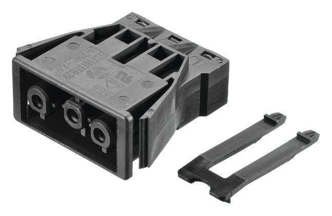 Ein schwarzer elektrischer Stecker mit drei Anschlusspunkten und einem separaten Kunststoffclip daneben, auf weißem Hintergrund.