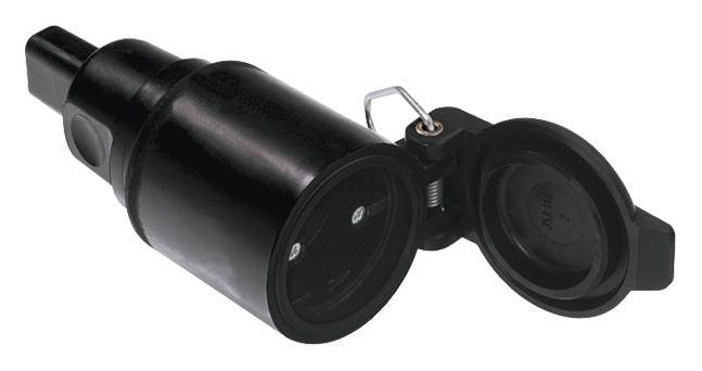 Schwarzer Adapterstecker mit abnehmbarer Schutzkappe, verwendet für sichere elektrische Verbindungen bei Fahrzeugen oder Anhängern.