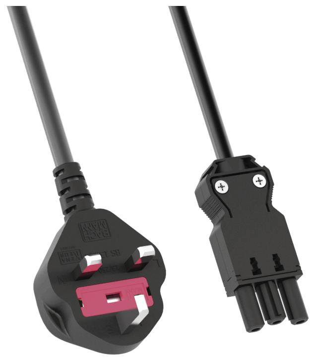 Abbildung eines schwarzen Netzkabels mit einem dreipoligen Stecker an einem Ende und einem dreipoligen C5-Kleeblattstecker am anderen.