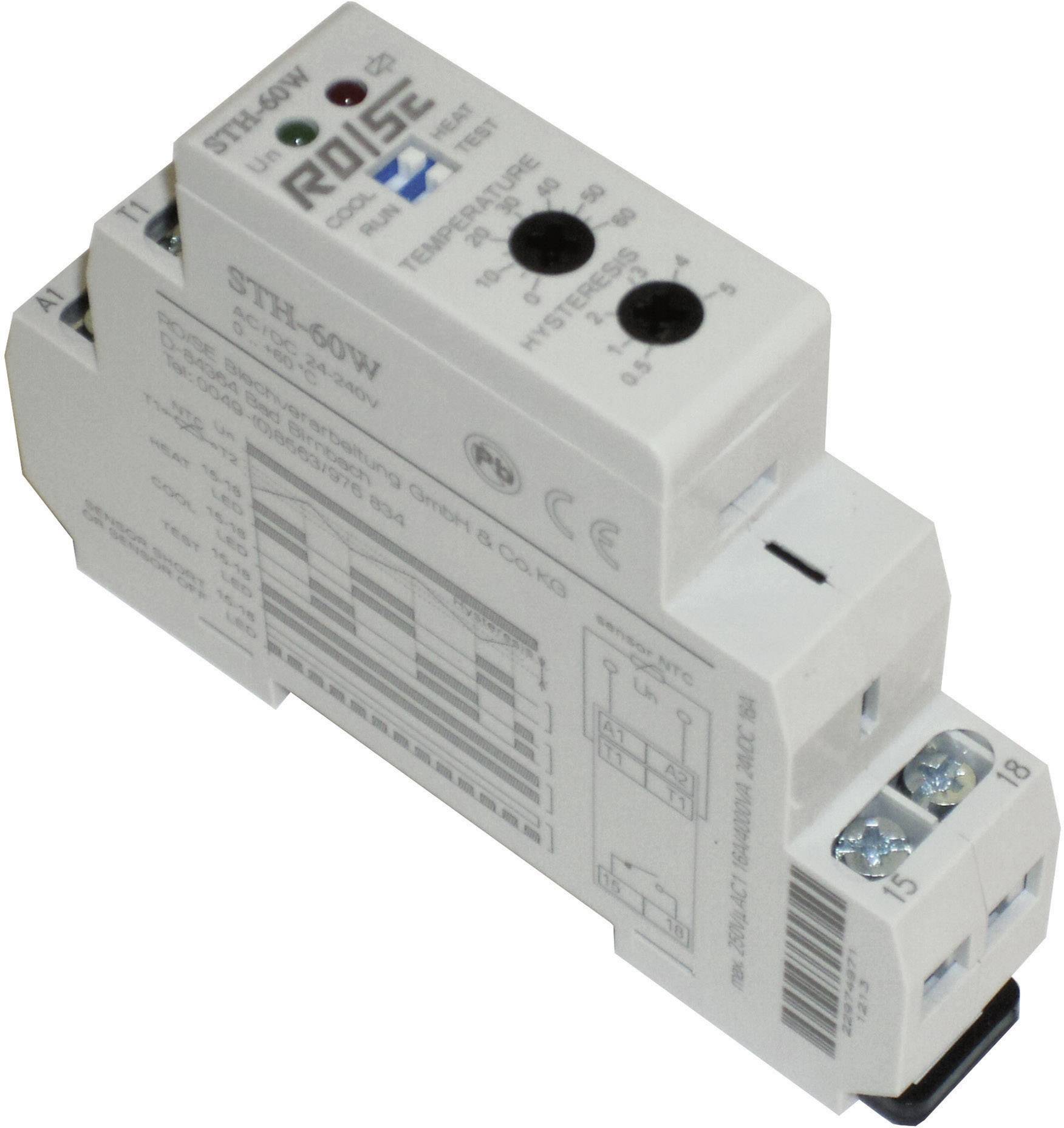 Ein weißer elektronische Thermostat-Regler für Hutschienenmontage mit den Knöpfen zur Temperatureinstellung, technischen Aufdrucken und Anschlussklemmen.